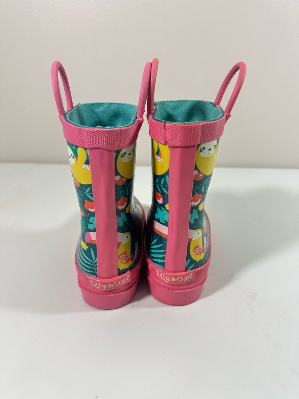 NWOB Lily & Dan Kids Rain Boots 11/12 Green Pink Sloth Print Rubber Waterproof - Picture 4 of 10